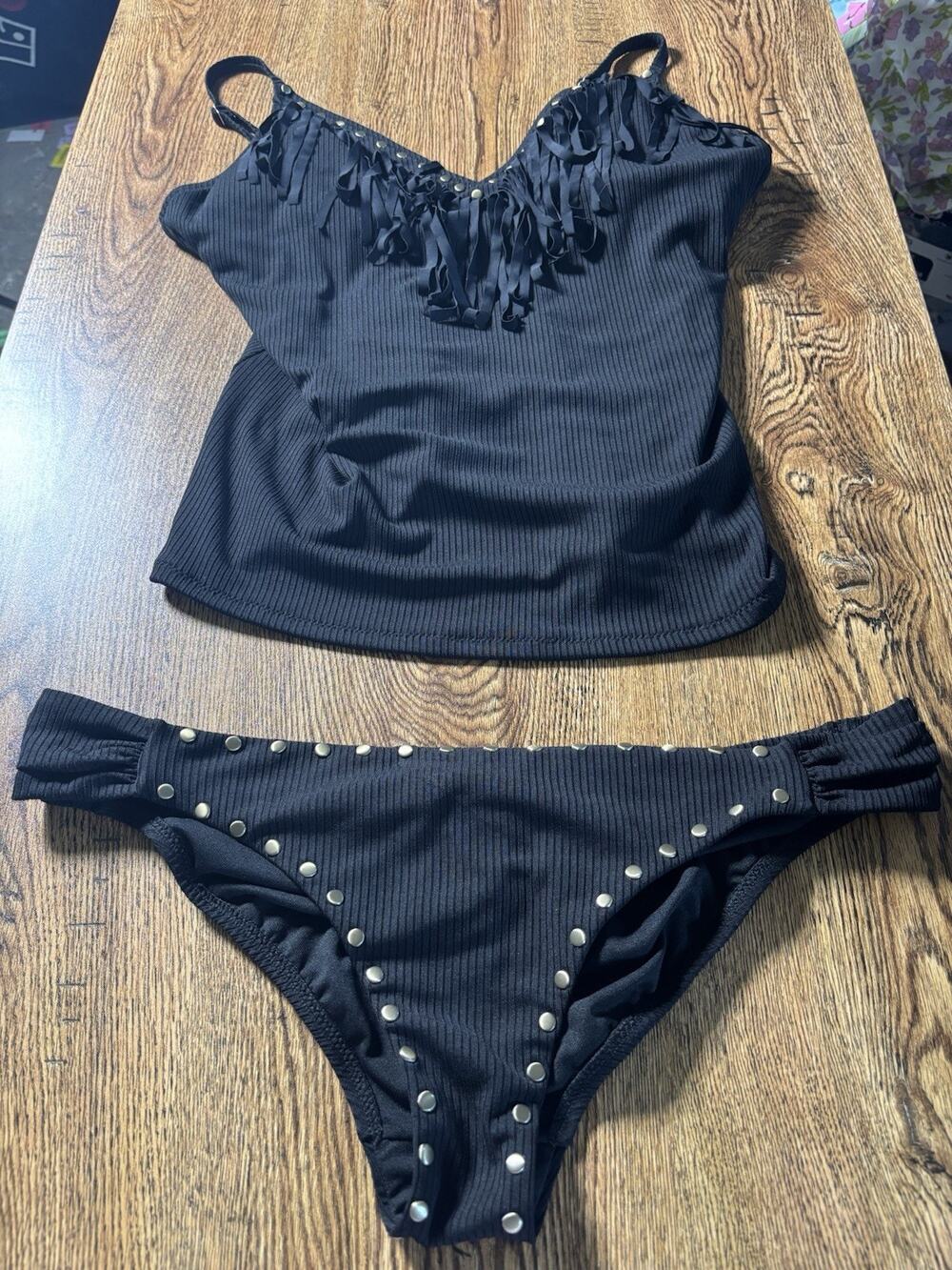 Jessica Simpson STUDDED BLACK FRINGE Tankini Ribbed Size Large